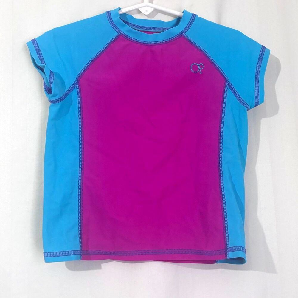 Ocean Pacific OP Girls Size XS (4/5) Short Sleeve Swim Top Rash Guard Blue Pink